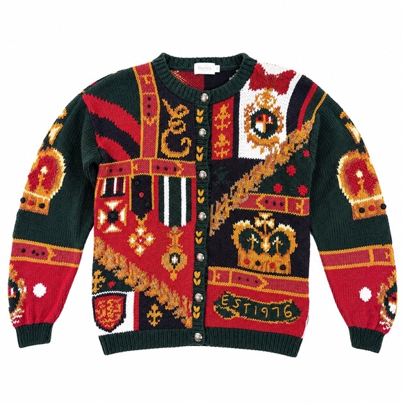 Bianca Sweaters - Vintage 90s Bianca Royal Crest Intarsia Cardigan Sweater Crown Heraldic Small